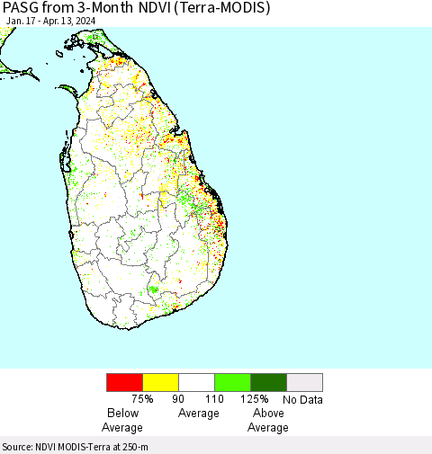 Sri Lanka PASG from 3-Month NDVI (Terra-MODIS) Thematic Map For 4/6/2024 - 4/13/2024