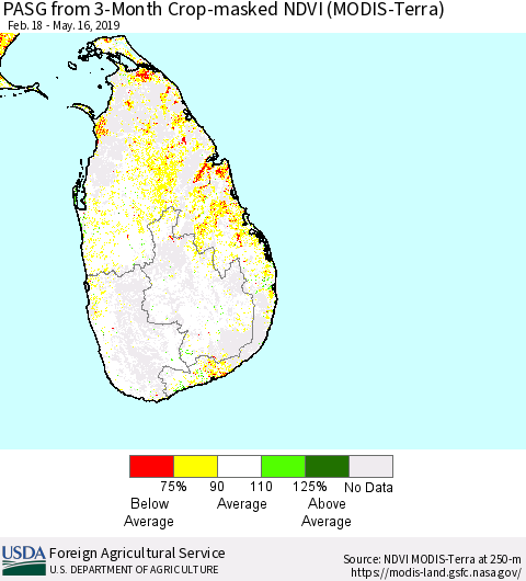 Sri Lanka PASG from 3-Month Cropland NDVI (Terra-MODIS) Thematic Map For 5/11/2019 - 5/20/2019