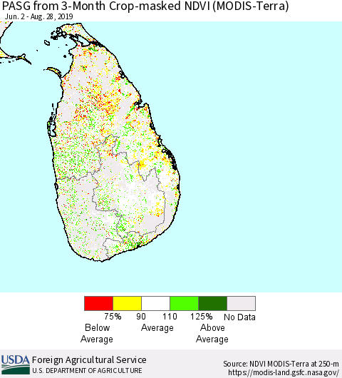 Sri Lanka PASG from 3-Month Cropland NDVI (Terra-MODIS) Thematic Map For 8/21/2019 - 8/31/2019