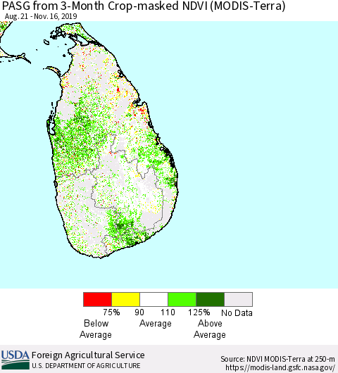 Sri Lanka PASG from 3-Month Crop-masked NDVI (MODIS-Terra) Thematic Map For 11/11/2019 - 11/20/2019