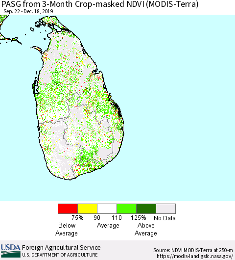 Sri Lanka PASG from 3-Month Cropland NDVI (Terra-MODIS) Thematic Map For 12/11/2019 - 12/20/2019