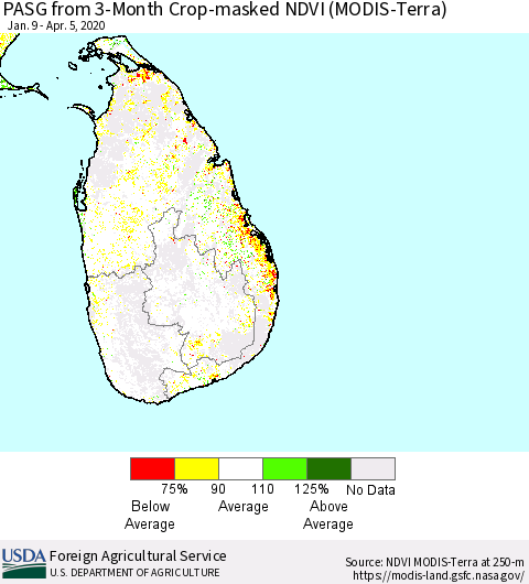 Sri Lanka PASG from 3-Month Cropland NDVI (Terra-MODIS) Thematic Map For 4/1/2020 - 4/10/2020
