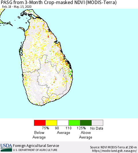 Sri Lanka PASG from 3-Month Cropland NDVI (Terra-MODIS) Thematic Map For 5/11/2020 - 5/20/2020