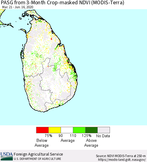 Sri Lanka PASG from 3-Month Cropland NDVI (Terra-MODIS) Thematic Map For 6/11/2020 - 6/20/2020