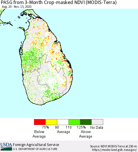 Sri Lanka PASG from 3-Month Cropland NDVI (Terra-MODIS) Thematic Map For 11/11/2020 - 11/20/2020