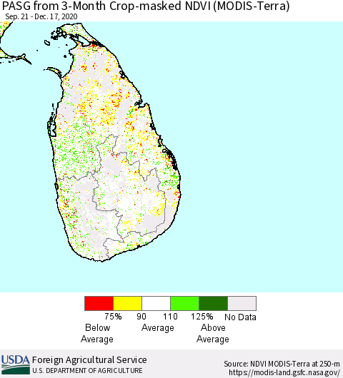 Sri Lanka PASG from 3-Month Cropland NDVI (Terra-MODIS) Thematic Map For 12/11/2020 - 12/20/2020