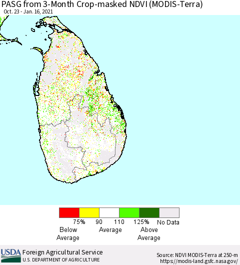 Sri Lanka PASG from 3-Month Cropland NDVI (Terra-MODIS) Thematic Map For 1/11/2021 - 1/20/2021