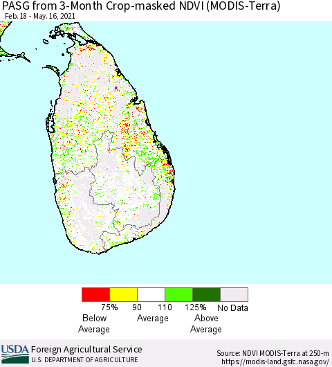 Sri Lanka PASG from 3-Month Cropland NDVI (Terra-MODIS) Thematic Map For 5/11/2021 - 5/20/2021