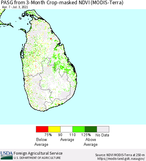 Sri Lanka PASG from 3-Month Cropland NDVI (Terra-MODIS) Thematic Map For 7/1/2021 - 7/10/2021