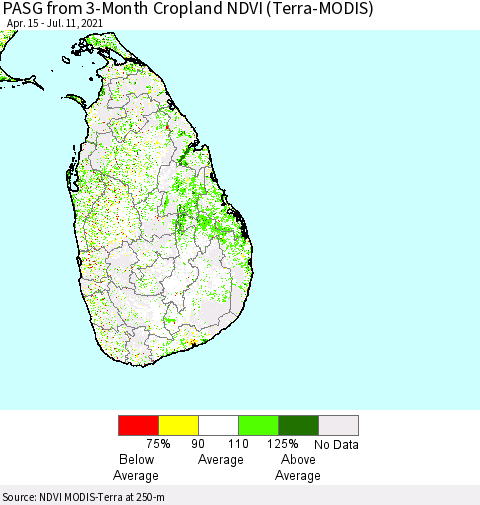 Sri Lanka PASG from 3-Month Cropland NDVI (Terra-MODIS) Thematic Map For 7/4/2021 - 7/11/2021