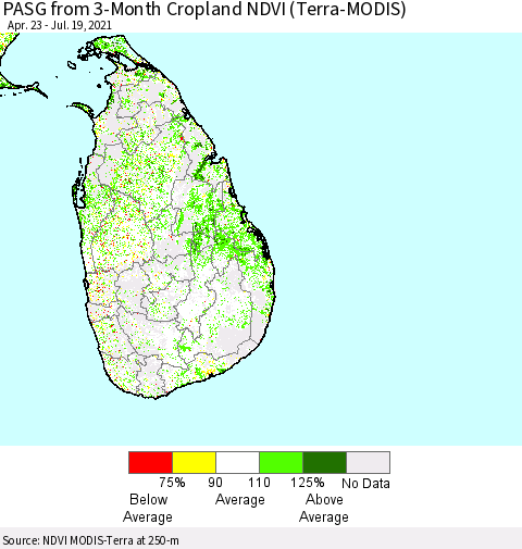 Sri Lanka PASG from 3-Month Cropland NDVI (Terra-MODIS) Thematic Map For 7/12/2021 - 7/19/2021