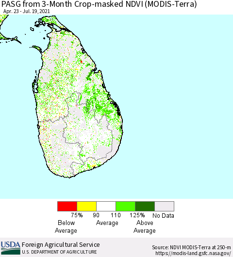 Sri Lanka PASG from 3-Month Cropland NDVI (Terra-MODIS) Thematic Map For 7/11/2021 - 7/20/2021