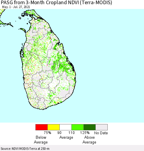 Sri Lanka PASG from 3-Month Cropland NDVI (Terra-MODIS) Thematic Map For 7/20/2021 - 7/27/2021
