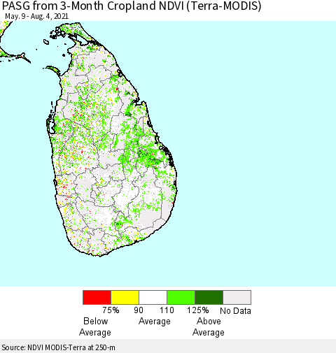 Sri Lanka PASG from 3-Month Cropland NDVI (Terra-MODIS) Thematic Map For 7/28/2021 - 8/4/2021