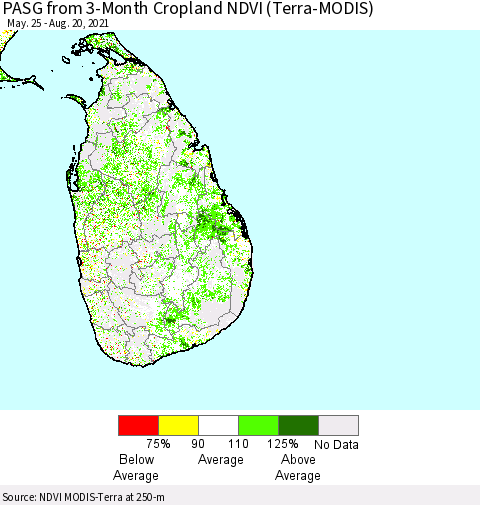 Sri Lanka PASG from 3-Month Cropland NDVI (Terra-MODIS) Thematic Map For 8/13/2021 - 8/20/2021
