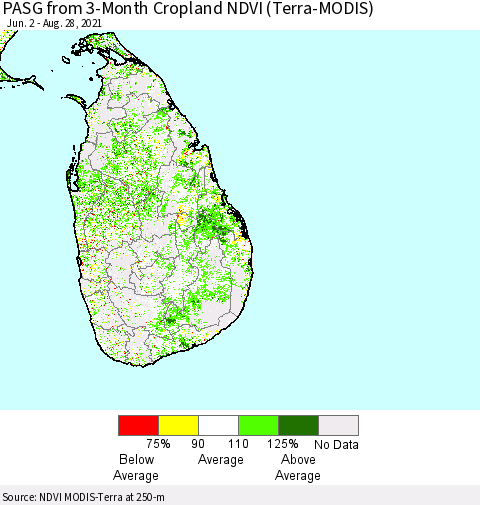 Sri Lanka PASG from 3-Month Cropland NDVI (Terra-MODIS) Thematic Map For 8/21/2021 - 8/28/2021