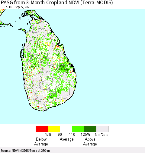 Sri Lanka PASG from 3-Month Cropland NDVI (Terra-MODIS) Thematic Map For 8/29/2021 - 9/5/2021