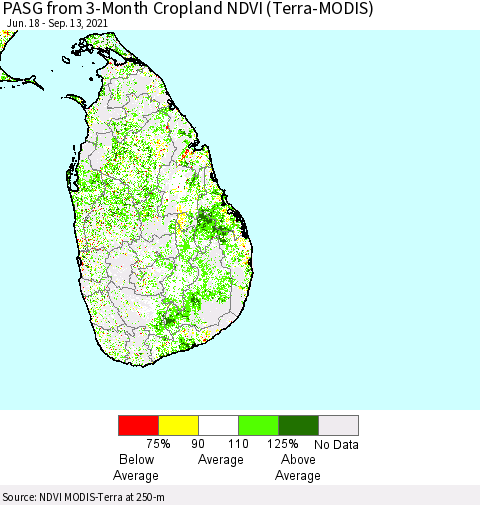 Sri Lanka PASG from 3-Month Cropland NDVI (Terra-MODIS) Thematic Map For 9/6/2021 - 9/13/2021