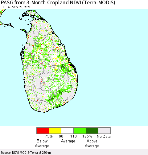 Sri Lanka PASG from 3-Month Cropland NDVI (Terra-MODIS) Thematic Map For 9/22/2021 - 9/29/2021