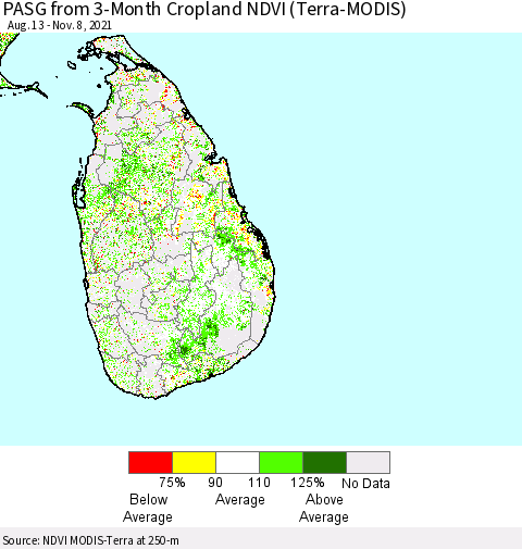 Sri Lanka PASG from 3-Month Cropland NDVI (Terra-MODIS) Thematic Map For 11/1/2021 - 11/8/2021