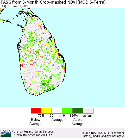 Sri Lanka PASG from 3-Month Cropland NDVI (Terra-MODIS) Thematic Map For 11/11/2021 - 11/20/2021