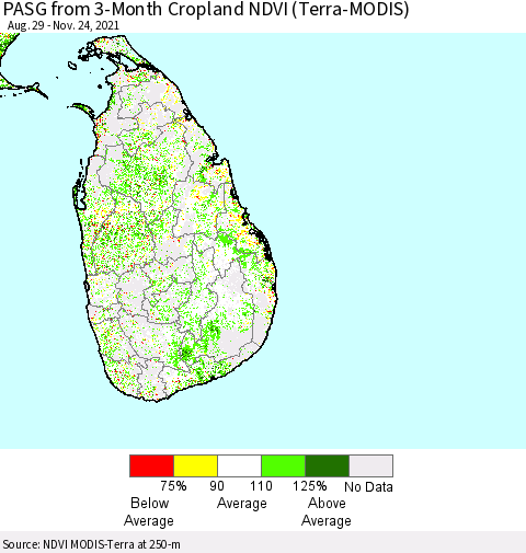Sri Lanka PASG from 3-Month Cropland NDVI (Terra-MODIS) Thematic Map For 11/17/2021 - 11/24/2021