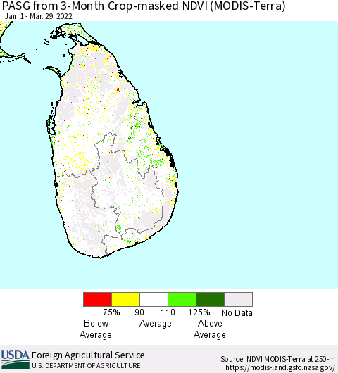 Sri Lanka PASG from 3-Month Cropland NDVI (Terra-MODIS) Thematic Map For 3/21/2022 - 3/31/2022