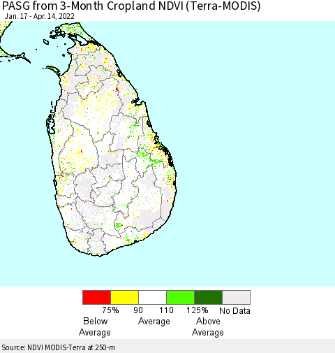 Sri Lanka PASG from 3-Month Cropland NDVI (Terra-MODIS) Thematic Map For 4/7/2022 - 4/14/2022