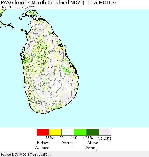 Sri Lanka PASG from 3-Month Cropland NDVI (Terra-MODIS) Thematic Map For 6/18/2022 - 6/25/2022