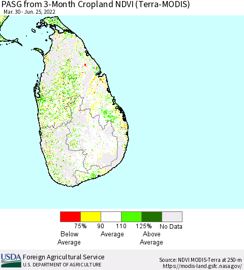 Sri Lanka PASG from 3-Month Cropland NDVI (Terra-MODIS) Thematic Map For 6/21/2022 - 6/30/2022