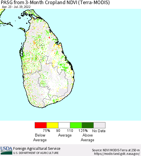 Sri Lanka PASG from 3-Month Cropland NDVI (Terra-MODIS) Thematic Map For 7/11/2022 - 7/20/2022