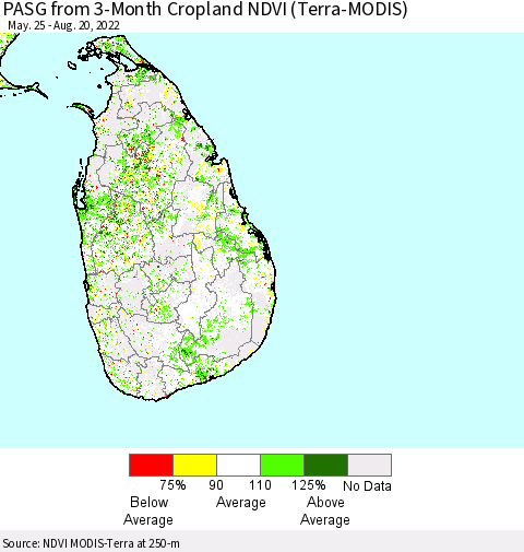 Sri Lanka PASG from 3-Month Cropland NDVI (Terra-MODIS) Thematic Map For 8/11/2022 - 8/20/2022