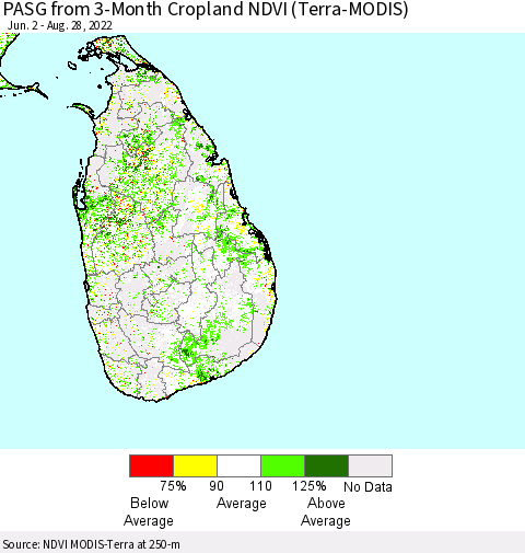 Sri Lanka PASG from 3-Month Cropland NDVI (Terra-MODIS) Thematic Map For 8/21/2022 - 8/28/2022