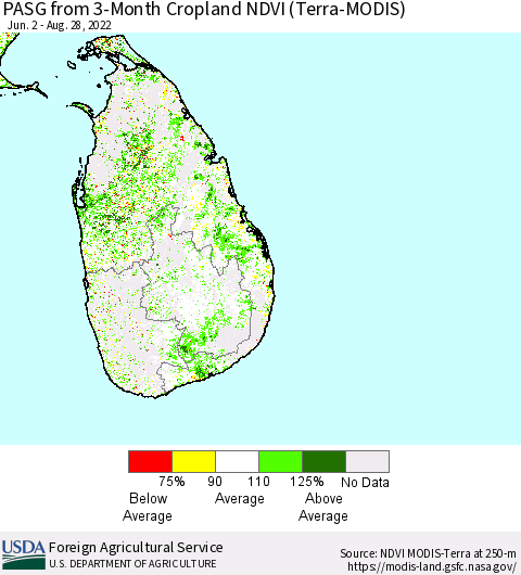 Sri Lanka PASG from 3-Month Cropland NDVI (Terra-MODIS) Thematic Map For 8/21/2022 - 8/31/2022
