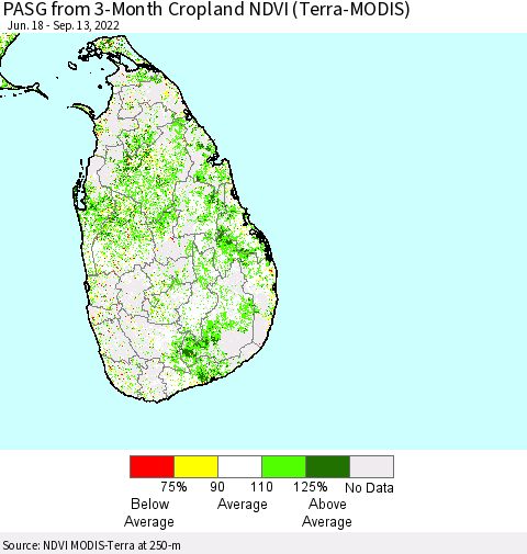 Sri Lanka PASG from 3-Month Cropland NDVI (Terra-MODIS) Thematic Map For 9/6/2022 - 9/13/2022