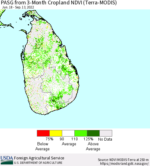 Sri Lanka PASG from 3-Month Cropland NDVI (Terra-MODIS) Thematic Map For 9/11/2022 - 9/20/2022