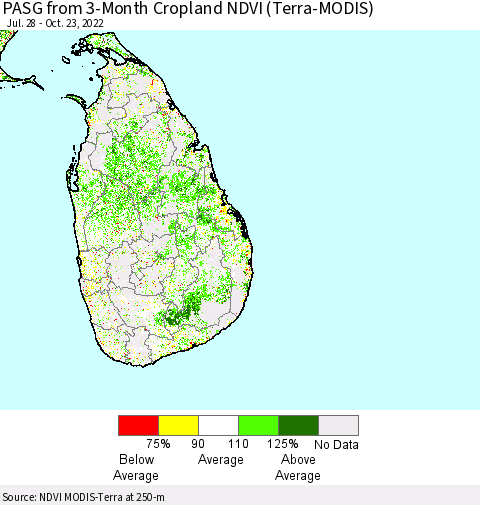 Sri Lanka PASG from 3-Month Cropland NDVI (Terra-MODIS) Thematic Map For 10/16/2022 - 10/23/2022