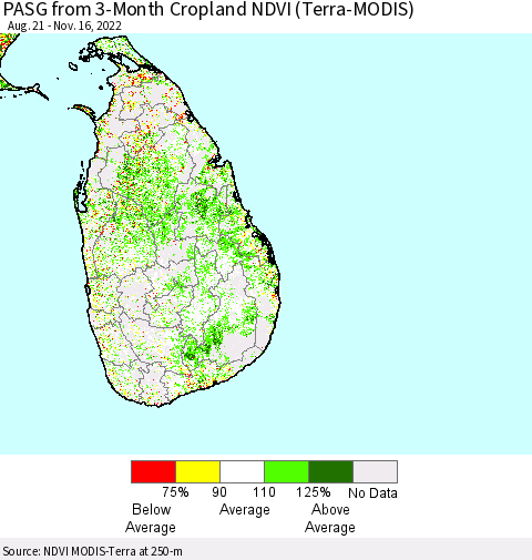 Sri Lanka PASG from 3-Month Cropland NDVI (Terra-MODIS) Thematic Map For 11/9/2022 - 11/16/2022