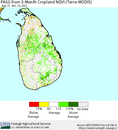 Sri Lanka PASG from 3-Month Cropland NDVI (Terra-MODIS) Thematic Map For 11/11/2022 - 11/20/2022