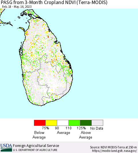 Sri Lanka PASG from 3-Month Cropland NDVI (Terra-MODIS) Thematic Map For 5/11/2023 - 5/20/2023