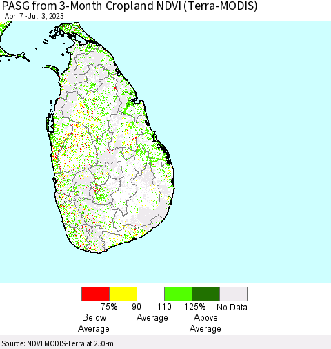 Sri Lanka PASG from 3-Month Cropland NDVI (Terra-MODIS) Thematic Map For 6/26/2023 - 7/3/2023