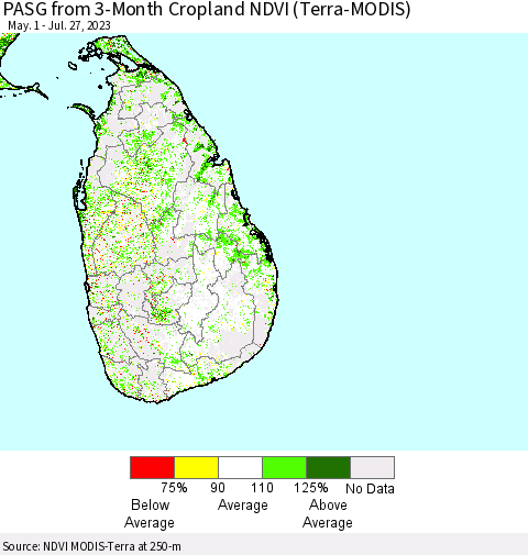 Sri Lanka PASG from 3-Month Cropland NDVI (Terra-MODIS) Thematic Map For 7/20/2023 - 7/27/2023
