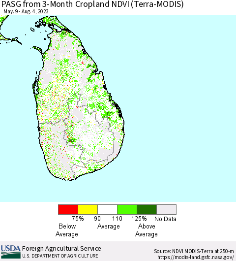 Sri Lanka PASG from 3-Month Cropland NDVI (Terra-MODIS) Thematic Map For 8/1/2023 - 8/10/2023