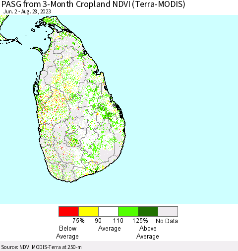 Sri Lanka PASG from 3-Month Cropland NDVI (Terra-MODIS) Thematic Map For 8/21/2023 - 8/28/2023
