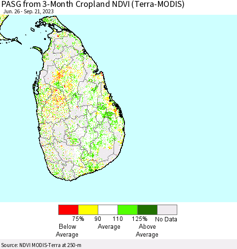 Sri Lanka PASG from 3-Month Cropland NDVI (Terra-MODIS) Thematic Map For 9/14/2023 - 9/21/2023