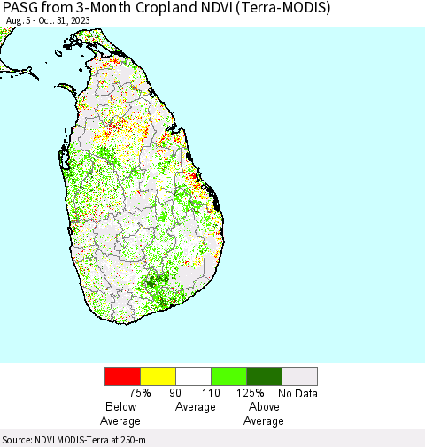 Sri Lanka PASG from 3-Month Cropland NDVI (Terra-MODIS) Thematic Map For 10/21/2023 - 10/31/2023