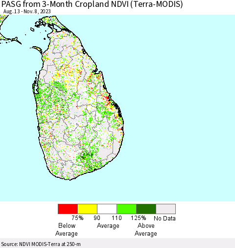 Sri Lanka PASG from 3-Month Cropland NDVI (Terra-MODIS) Thematic Map For 11/1/2023 - 11/8/2023