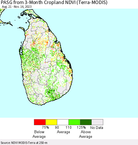 Sri Lanka PASG from 3-Month Cropland NDVI (Terra-MODIS) Thematic Map For 11/9/2023 - 11/16/2023