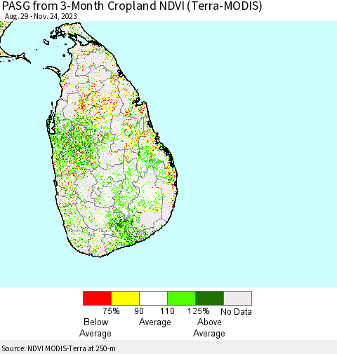 Sri Lanka PASG from 3-Month Cropland NDVI (Terra-MODIS) Thematic Map For 11/17/2023 - 11/24/2023