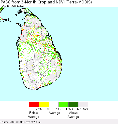 Sri Lanka PASG from 3-Month Cropland NDVI (Terra-MODIS) Thematic Map For 1/1/2024 - 1/8/2024